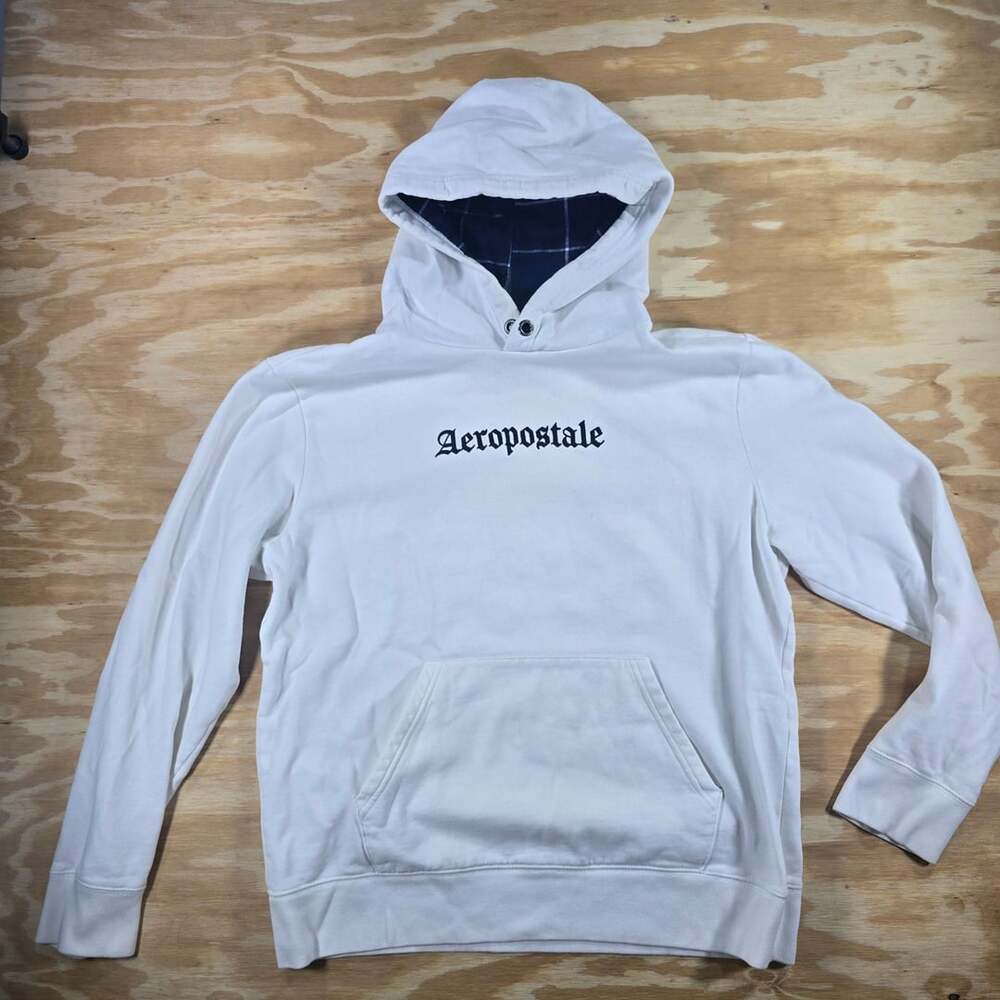 Aeropostale Hoodie Size Large White Blue Plaid Lined Pullover